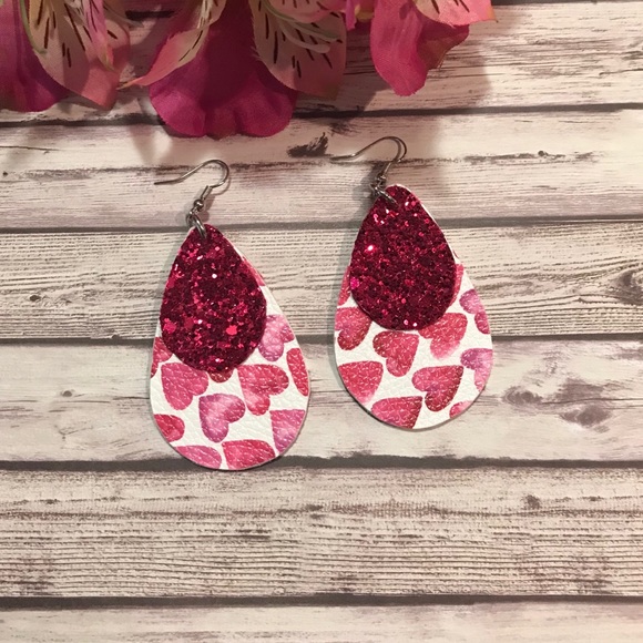 Faux Leather Earrings Valentine Hearts Pink 2.5” - Picture 5 of 7